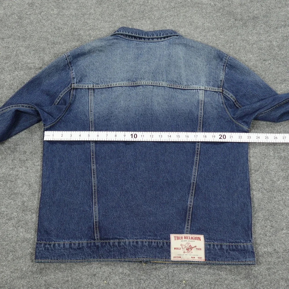 True Religion Jacket Mens Large Blue Jesse Trucker Denim Red Stitching New